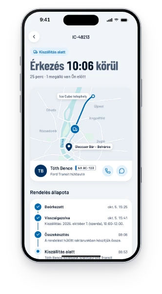 ICE CUBE Partner alkalmazás: élő szállításkövetés térképen, a várható érkezéssel (demó adatok)