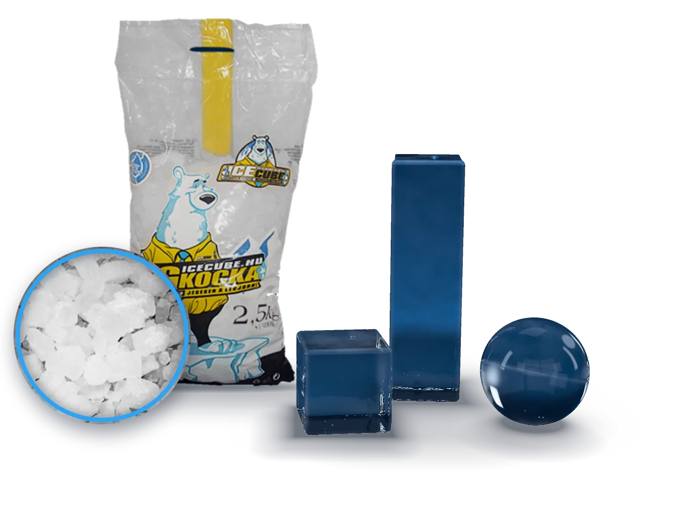 A valódi 2,5 kg-os ICE CUBE jégkockás zacskó a darált jég közeli képével, előtte prémium jég: 12 cm-es hasáb, 4 × 4 cm-es kocka és Ø 5 cm-es gömb. Illusztráció.